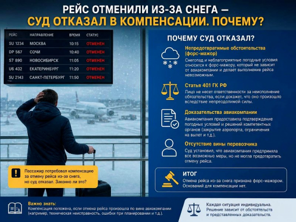 Рейс отменили из-за снега — суд отказал в компенсации. Почему?